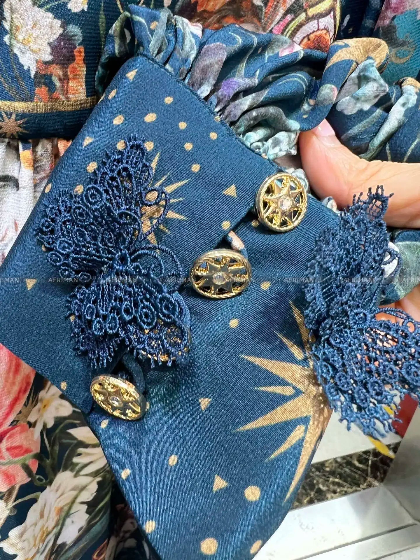 jinran Women V Neck Crystal Beaded Lantern Long Sleeve Blue Print Butterfly Embroidery Multi-layer Mini Silk Dress