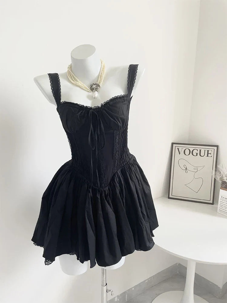 jinran Summer Mori Girl Women Bow A-Line Dress Spaghetti Strap Solid Color Frocks Dress Square Neck Party Tunic Korean Preppy Evening