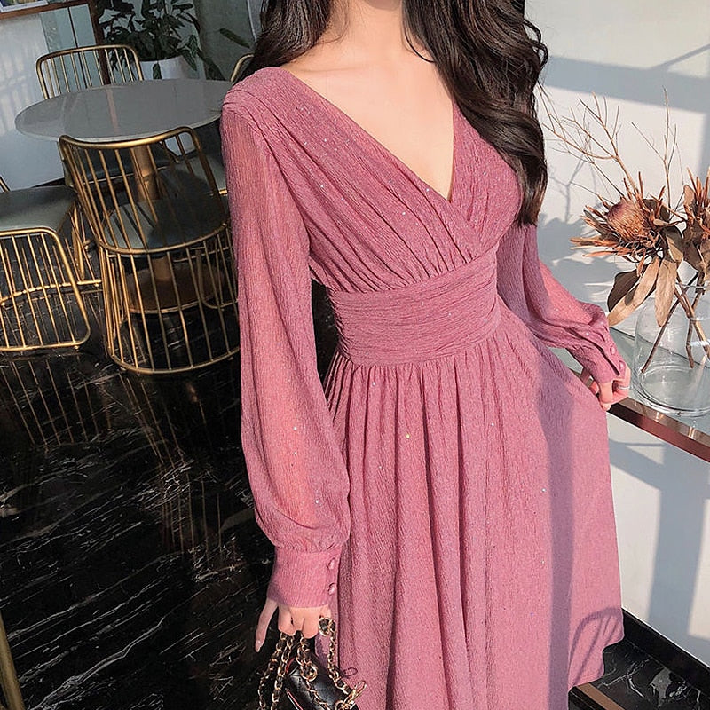 jinran Vintage Sexy Maxi Dresses for Women Party Sequin Midi Dress Female Casual Chiffon Slim Korean Woman Dress Elegant Autumn
