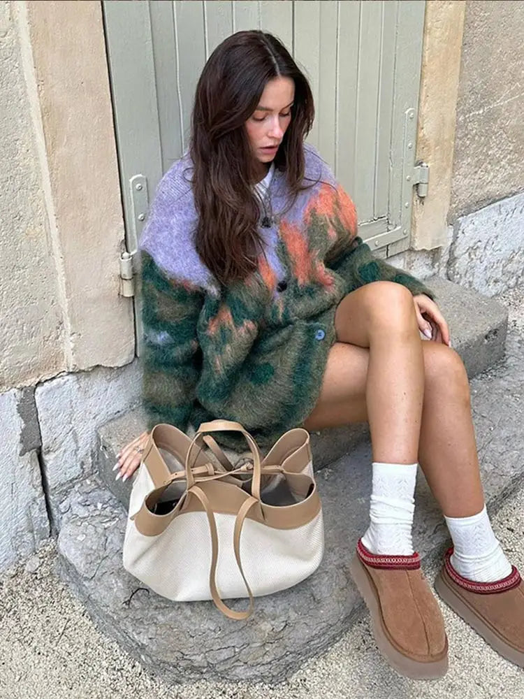 nvxiot - Autumn New Mohair Print Knit Cardigan Coat Oversize Single Breasted Long Sleeve Sweater Tops 2024 Office Lady Commute Streetwear