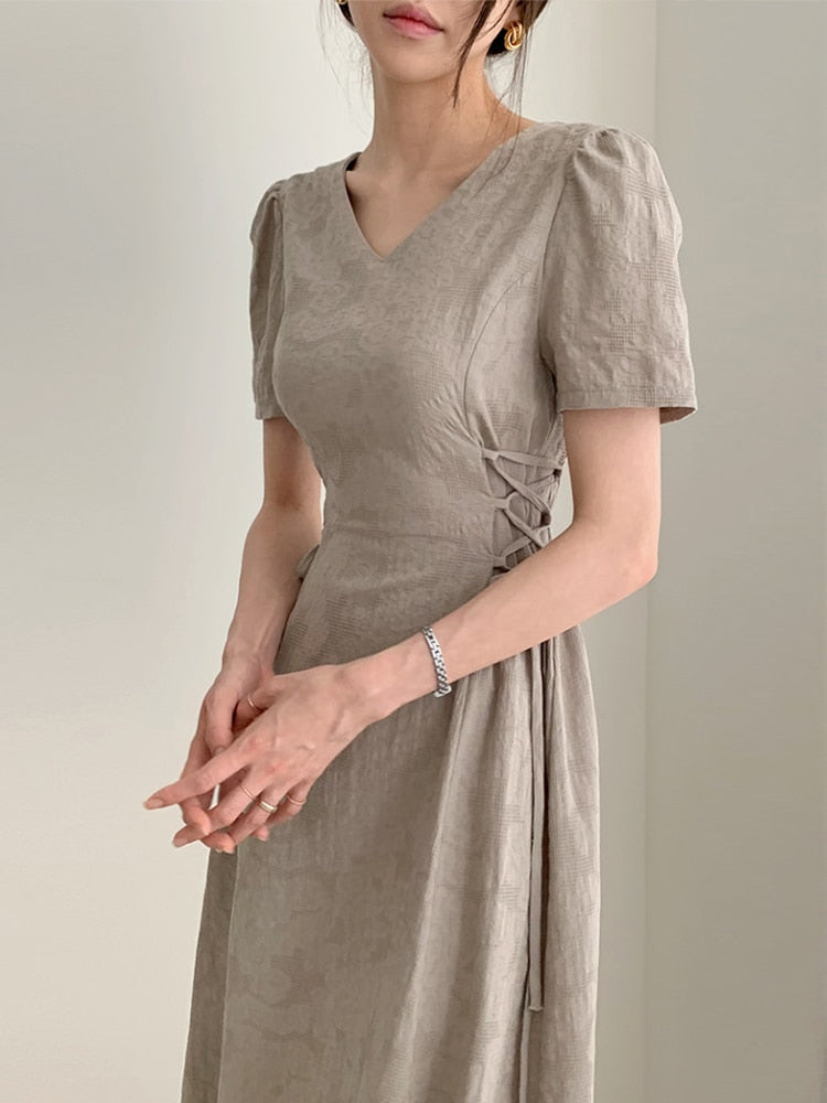 jinran Dresses Women Summer Beige Dress Jacquard Elegant Drawstring Clothes V-neck 2023 Fashion Korean Short Sleeve High Waist