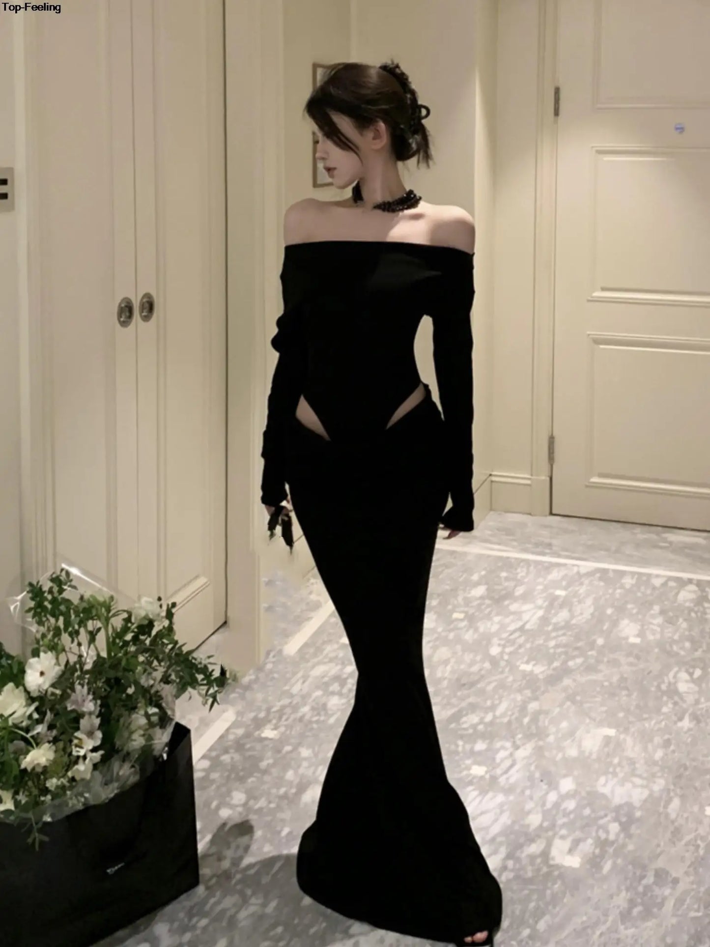 jinran Women Sexy Hollow Out Black Long Dress Spring Autumn Fashion Bodycon Party Prom Runway Robe Female Y2k Streetwear Mujers Clothes