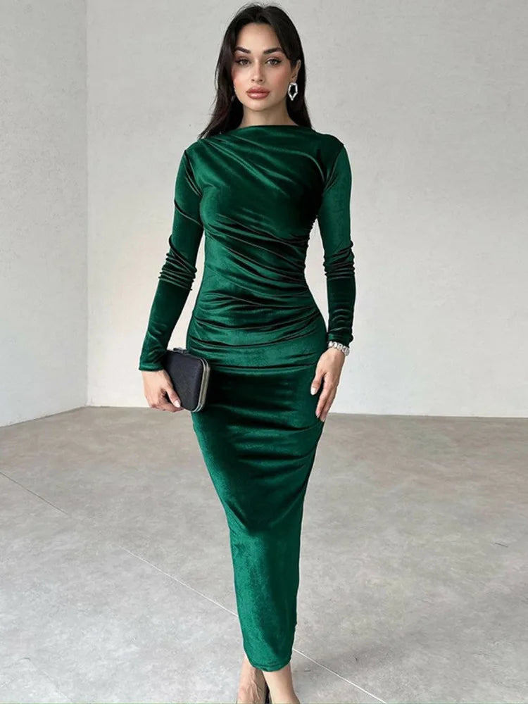 jinran Elegant Velvet Long Sleeve Sexy Maxi Dress For Women Autumn Winter New Fashion O Neck Bodycon Club Party Long Dress