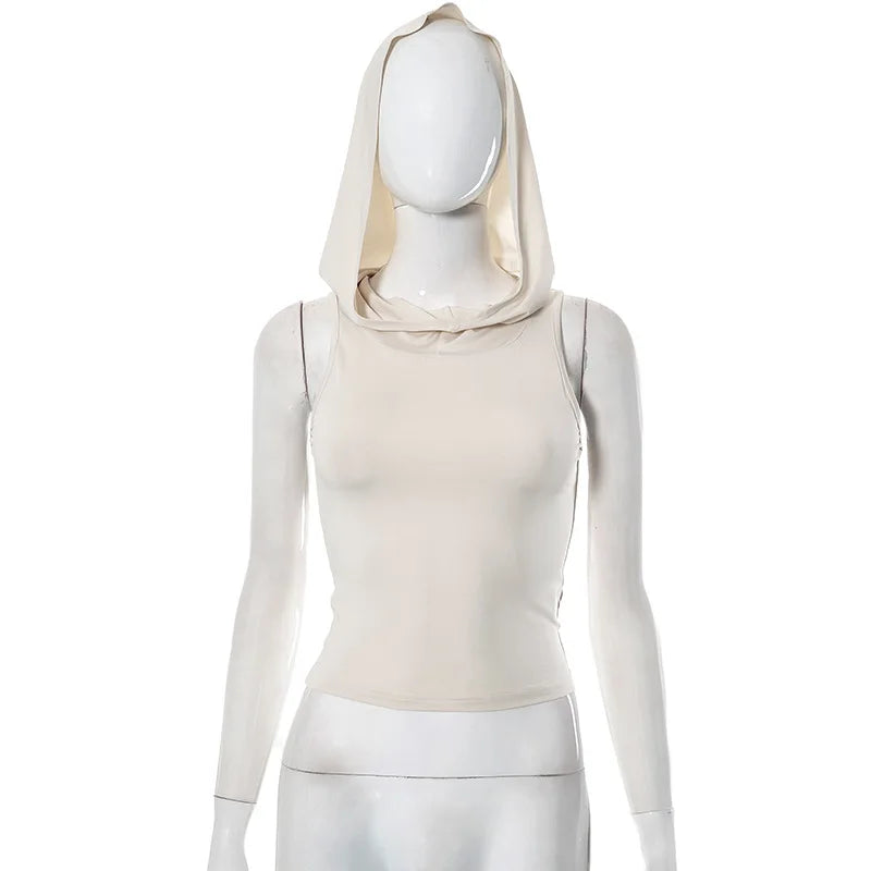 jinran Summer Hooded Tank Tops Women Hollow Out Bodycon Sleeveless Sexy Crop Top Solid Streetwear Fashion Casual Cropped Tops Female