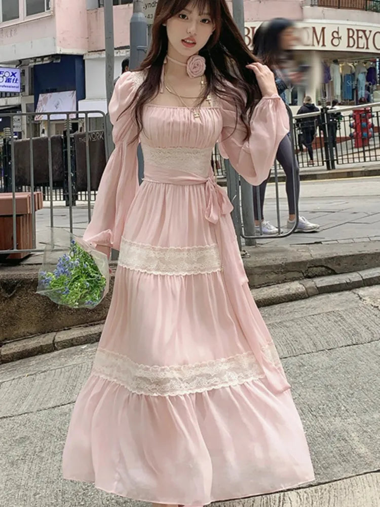 jinran Summer Chiffon Midi Dress Women Lace Y2K Lolita Fairycore Puff Sleeve High Waist French Vintage Evening Party Dresses Prom Robe