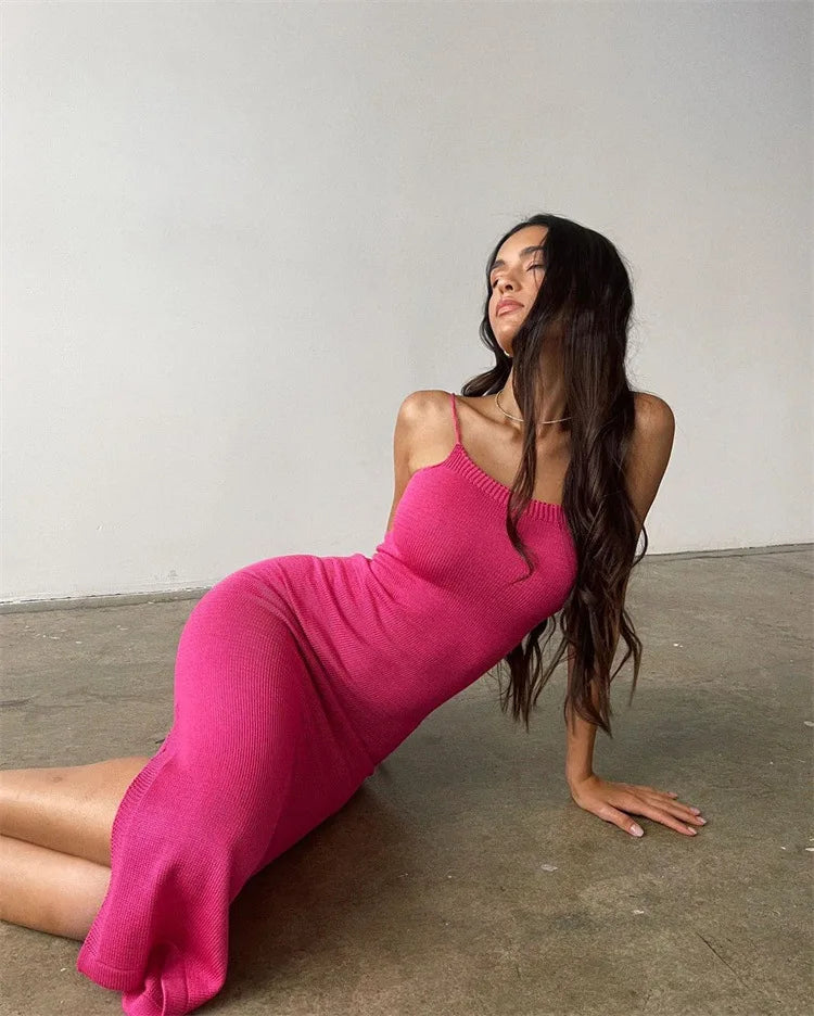 jinran Elegant Bandage Sexy Backless Knit Dresses for Women Summer Outfits Party Club Spaghetti Strap Maxi Dresses Slit Sexy Dress