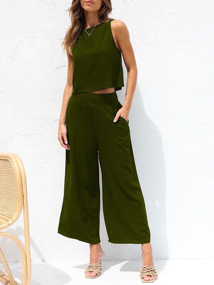 jinran Fashion 2 Pcs Outfits Sleeveless Summer Crop Top Pants Suit Solid Ankle-length Pants Casual Beach Set Back Button Pocket