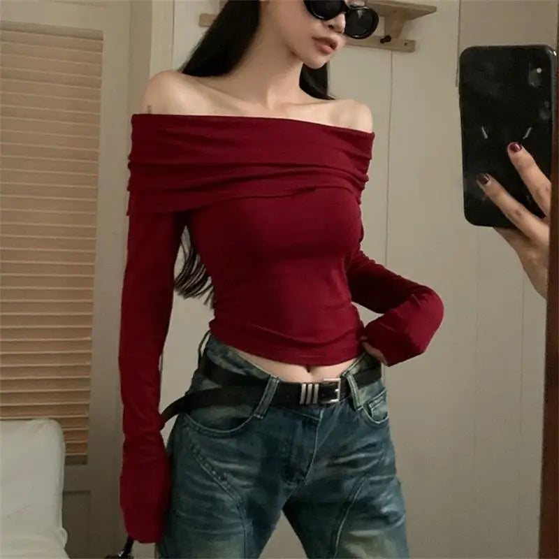 jinran Sexy Tops Off Shoulder Long Sleeve Crop Top Women's Autumn/Winter 2024 New Spicy Girl Slim Fit Short Red T-shirt