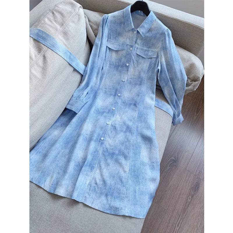 jinran 100%Real Silk Casual Denim Dress Women Turn-down Collar Long Sleeve Elegant Retro Dresses 2024 Spring Summer D41439QM