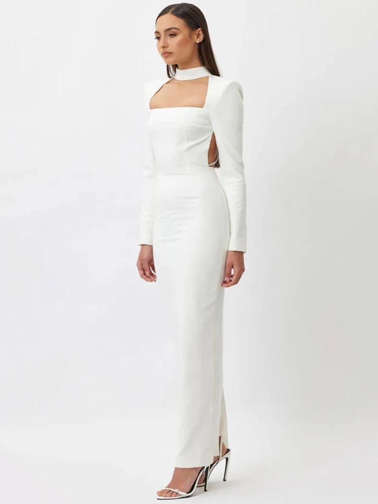 jinran Elegant Sparkle Chain Backless Maxi Dress For Women Autumn Winter New Long Sleeve Bodycon Split Long Dress 2024 New