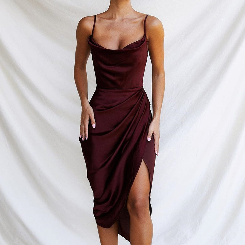 jinran Swing Collar Sexy Split Satin Dress Summer Fashion Sling Temperament Folds High Waist Solid Pullover Elegant Women Dresses