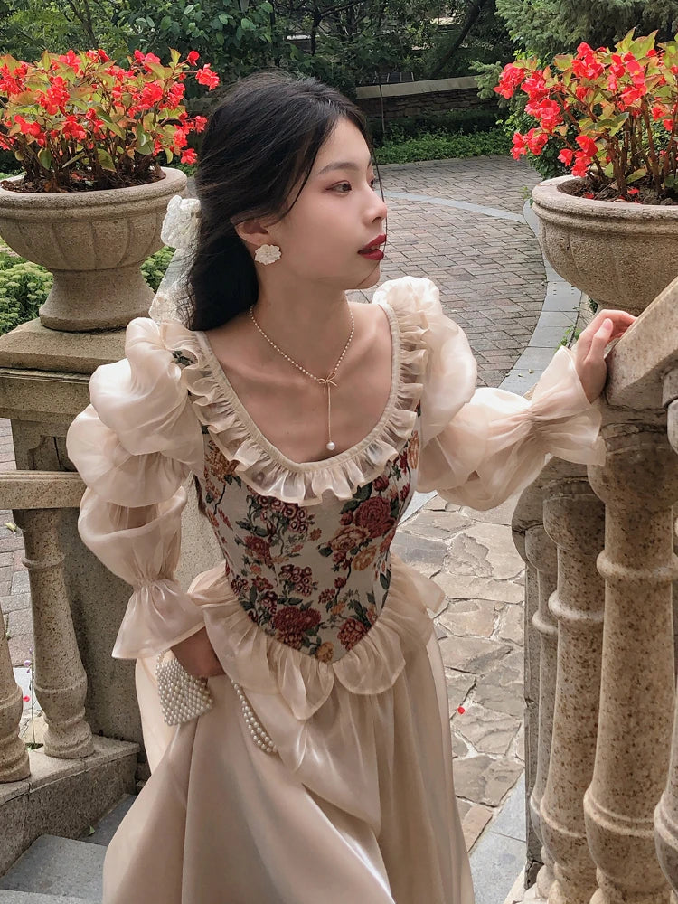 jinran Vintage Elegant Print Floral Dress Women 2024 Autumn O-neck Casual Evening Party Midi Dress Female Puff Sleeve Korea Fairy Dress