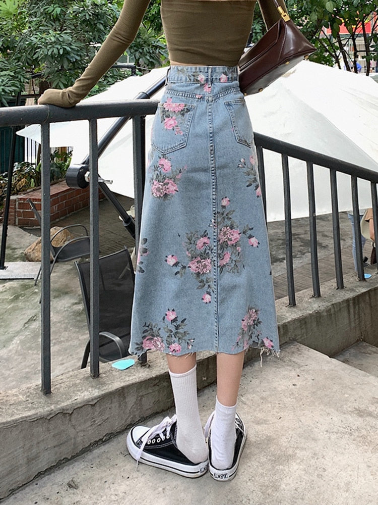 jinran Spring And Summer Trendy Flower Split Denim Skirt Women's 5XL Slightly Fat MM Thin Bag Hip Mid-length A-line Skirt