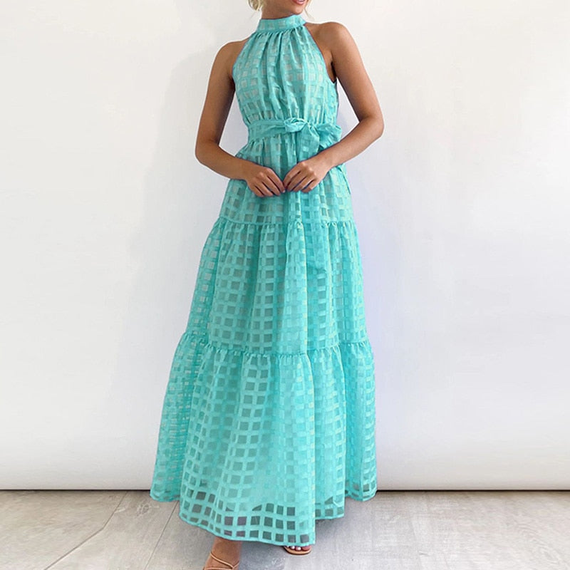 jinran Women Elegant Loose Pleated Long Party Dress Ladies Summer Sexy Sleevelss Dress Fashion High Street Cascading Ruffle Maxi Dress