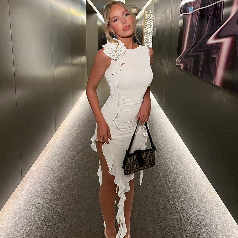 jinran Sexy Summer Women See Through Mesh Sheer Irregular Hem Tank Dress Sleeveless Ruffle Hem Bodycon Dress Clubwear