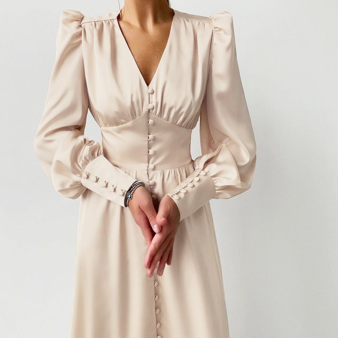 jinran Women Autumn Puff Sleeve Elegant Dress Long Sleeve V Neck Slim Waist Long Dress Korean Fashion Vintage Dresses Female