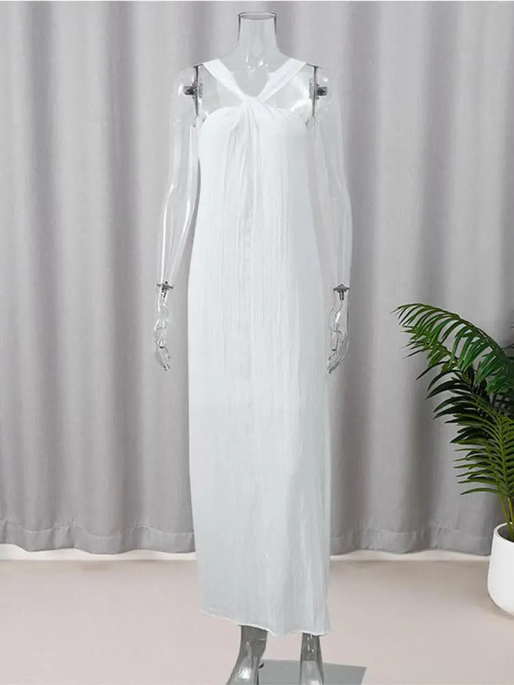 jinran Sexy White Off Shoulder Halter Pleated Maxi Dress For Women Fashion Sleeveless Loose Dresses 2024 Lady High Streetwear Vestidos