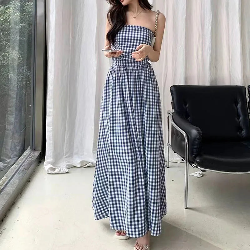 jinran Vintage Plaid Dress Women Summer Korean Elegant Tube Top All-Match Midi Dress Y2K Folds Off Shoulder Holiday Beach Vestidos