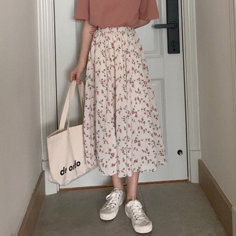 jinran Summer New Floral Print A Line Pleated Women Long Skirts 2022 Korean Fashion Elastic Waist Sweet Retro Midi Skirt Streetwear