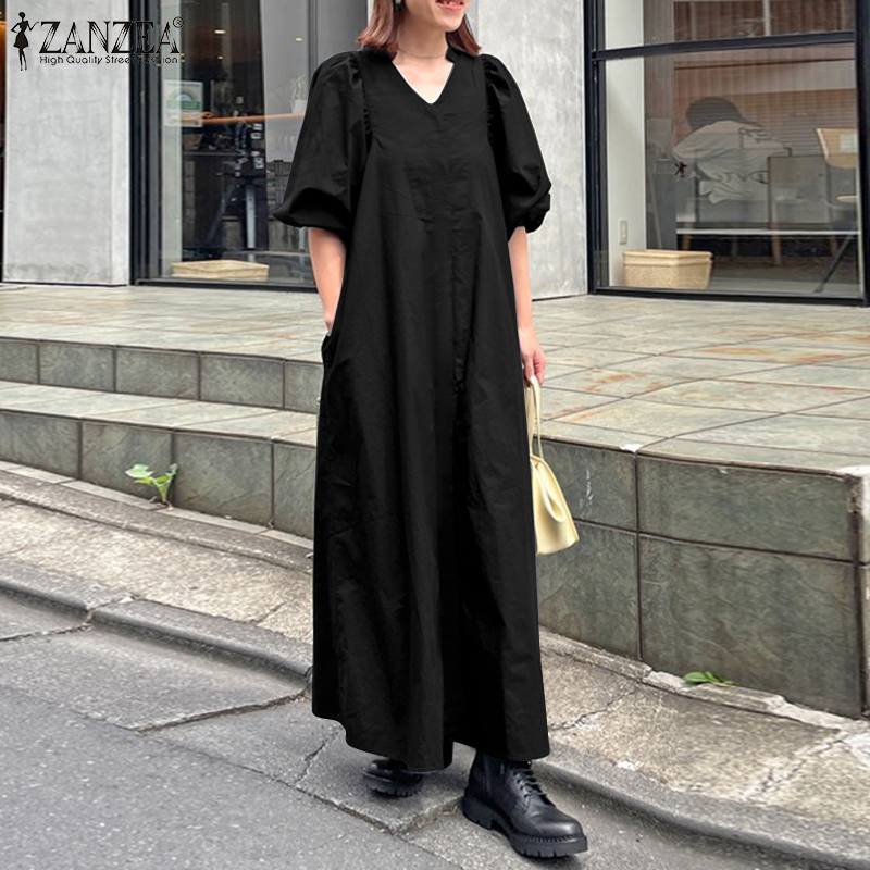 jinran Women Casual V Neck Solid A-Line Vestido 2022 Fashion Long Puff Sleeve Sundress Holiday Dress Retro Kaftan Dress Oversize