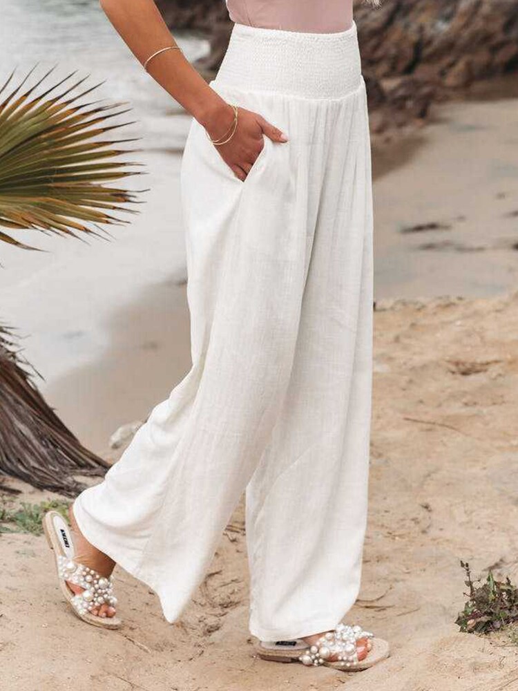 jinran Spring Summer Cotton Linen Women Pants Pockets Solid Casual White Wide Leg Office Lady White Long Trousers Khaki