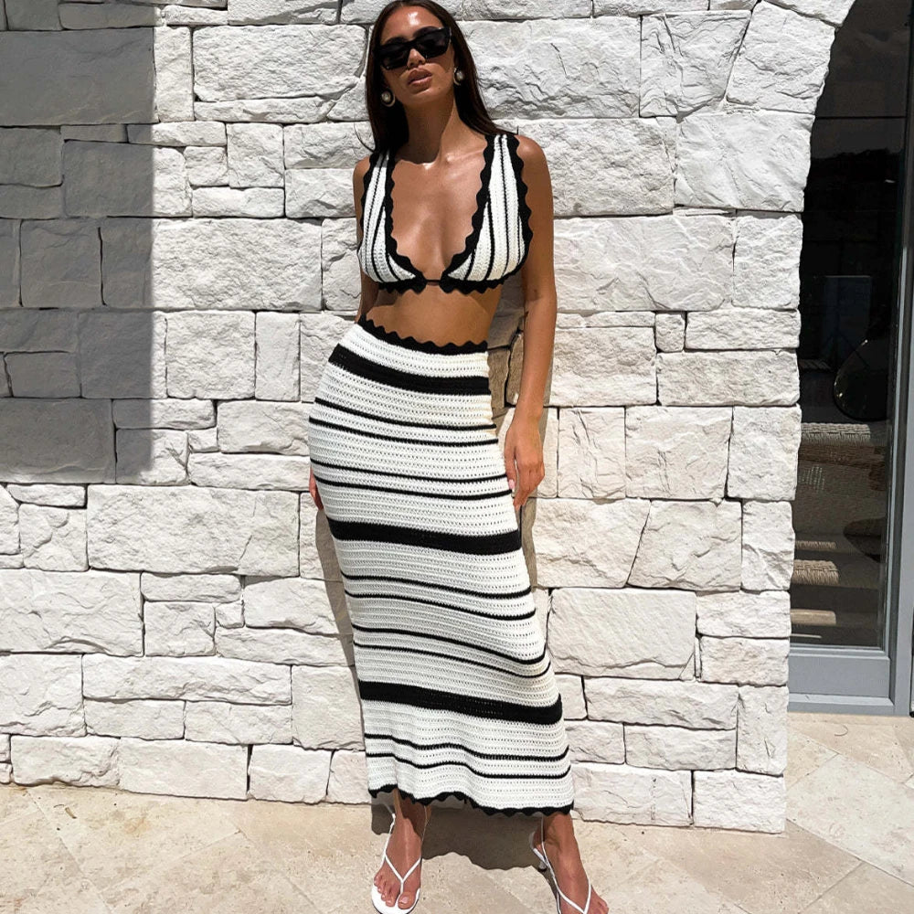 jinran Summer Knitted Beach Skirt Sets Women Sexy Backless Slim Bohemian Outfits Fashion Striped Holiday Two Piece Set 2024 Beachwear