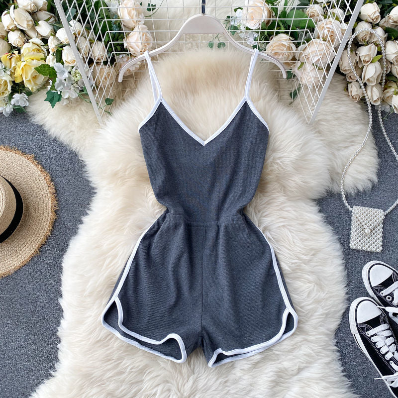 jinran V Neck Jumpsuit Women Solid Summer Bodysuits New Stripe High Waist Loose Casual Sports Style Simple Fashion Romper