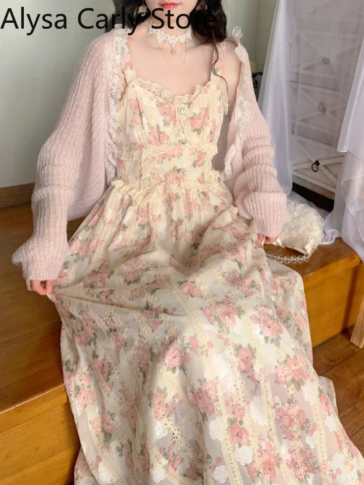jinran Chiffon Lace Strap Dress Women Floral Embroidery Fairy Vintage Long Dress Female Sweet Princess Casual Party Dresses 2024 Summer