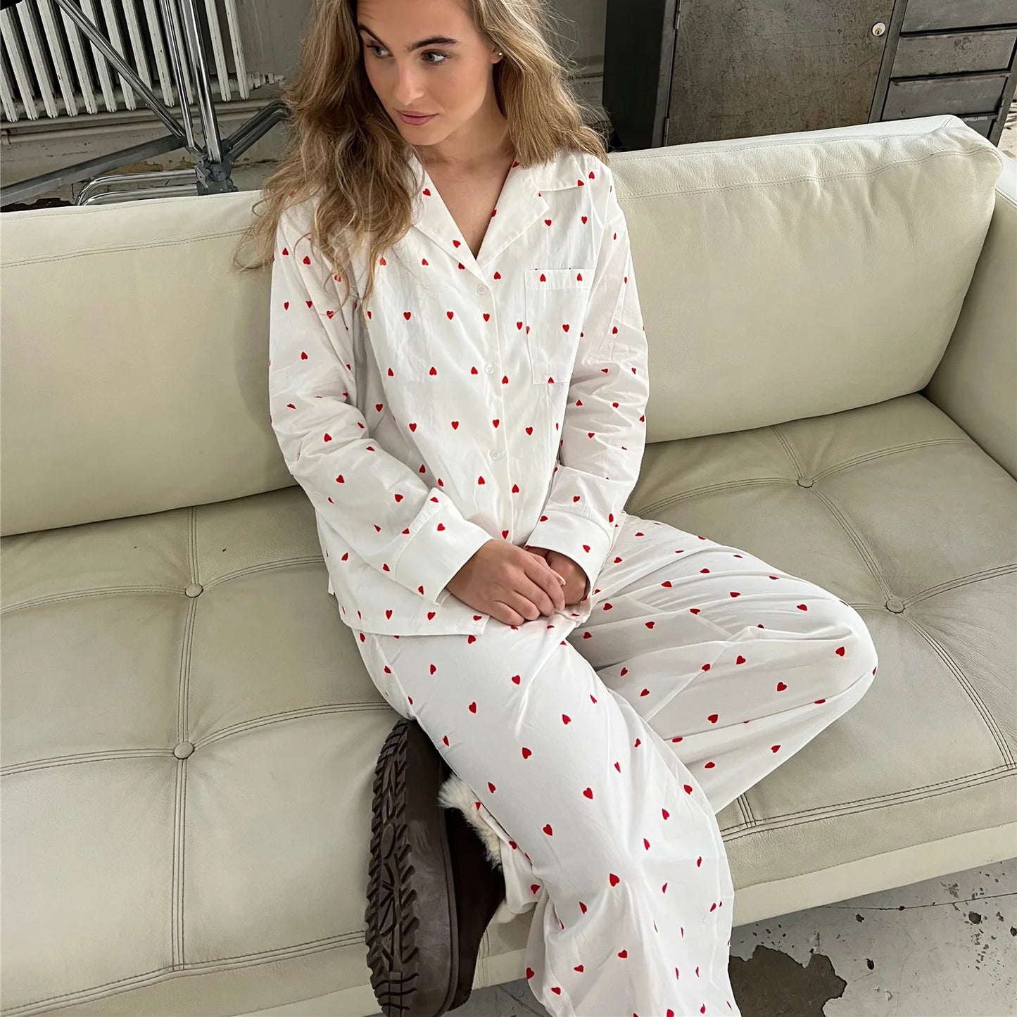 nvxiot - Women Pajamas Cute 2 Piece Set Y2K Vintage Print Button Up Long Sleeve Blouse T-shirt Tops+Pants Home Loungewear Sleepwear