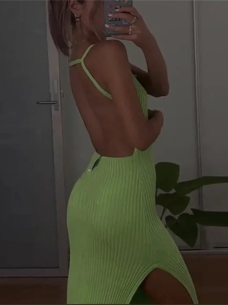 jinran Ribbed Knitted Sexy Backless Split Maxi Dress for Women Summer Holiday Sleeveless Straps Bodycon Dresses Clothes Sexy Dress