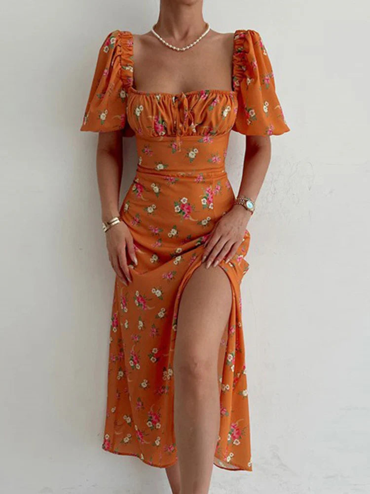 jinran Sexy Floral Print Short Sleeve Hip Wrap Party Dress Elegant Off Shoulder Backless Dress New Summer Waist Slit Boho Long Dresses