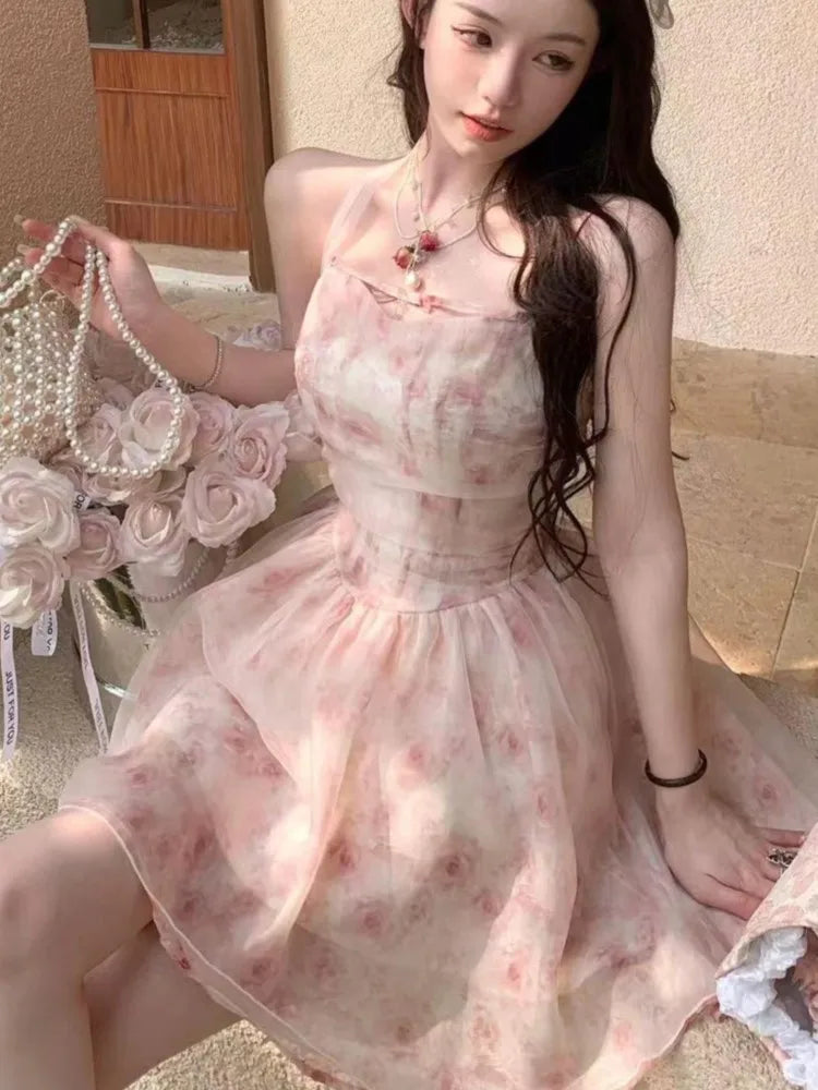 jinran Y2K Elegant Print Halter Dresses for Women Sweet Pink Casual Print Chiffon Sleeveless Party Dress Fairy Princess Vestido Mujer