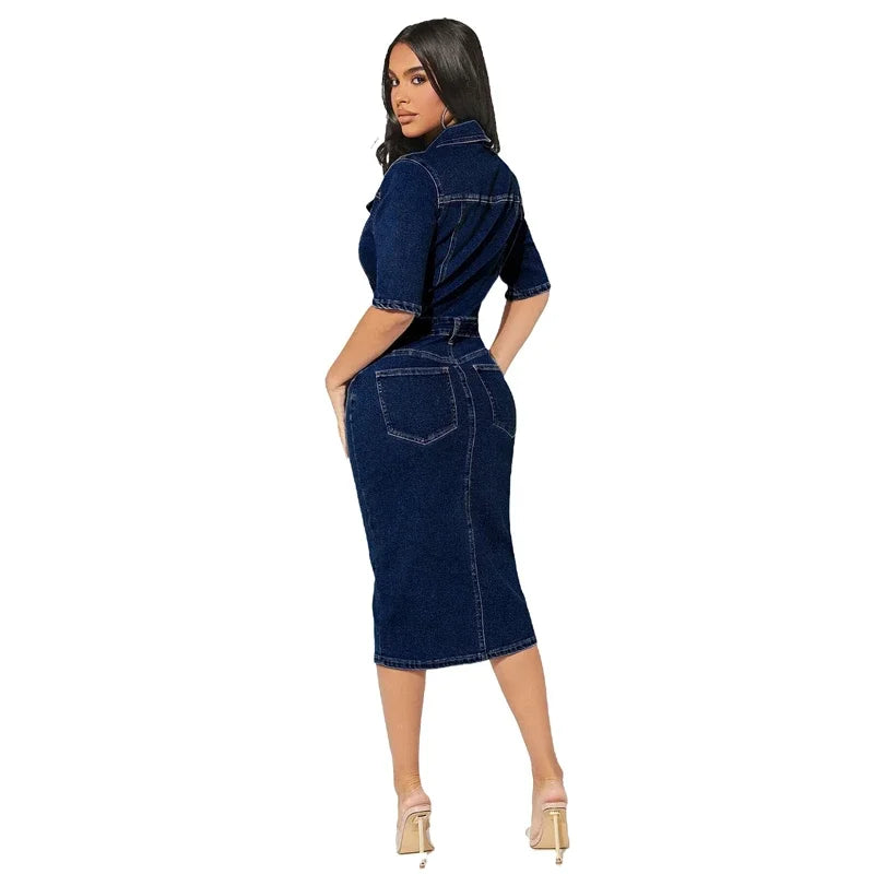jinran New Arrival Knee-length Half Sleeve High Elastic Denim Dresses for Women 2024 Vestidos Para Muje Summer Party Club Bodycon Dress