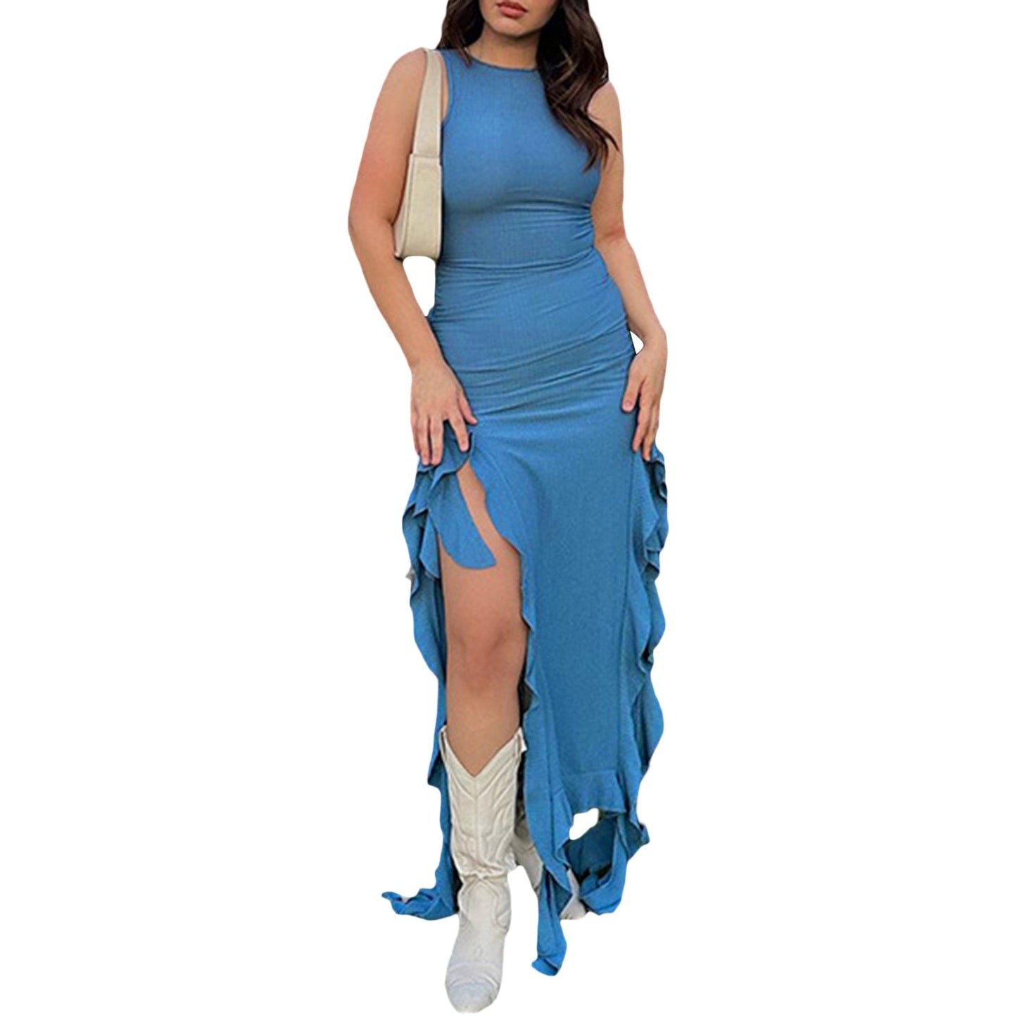 jinran Sexy Summer Women See Through Mesh Sheer Irregular Hem Tank Dress Sleeveless Ruffle Hem Bodycon Dress Clubwear