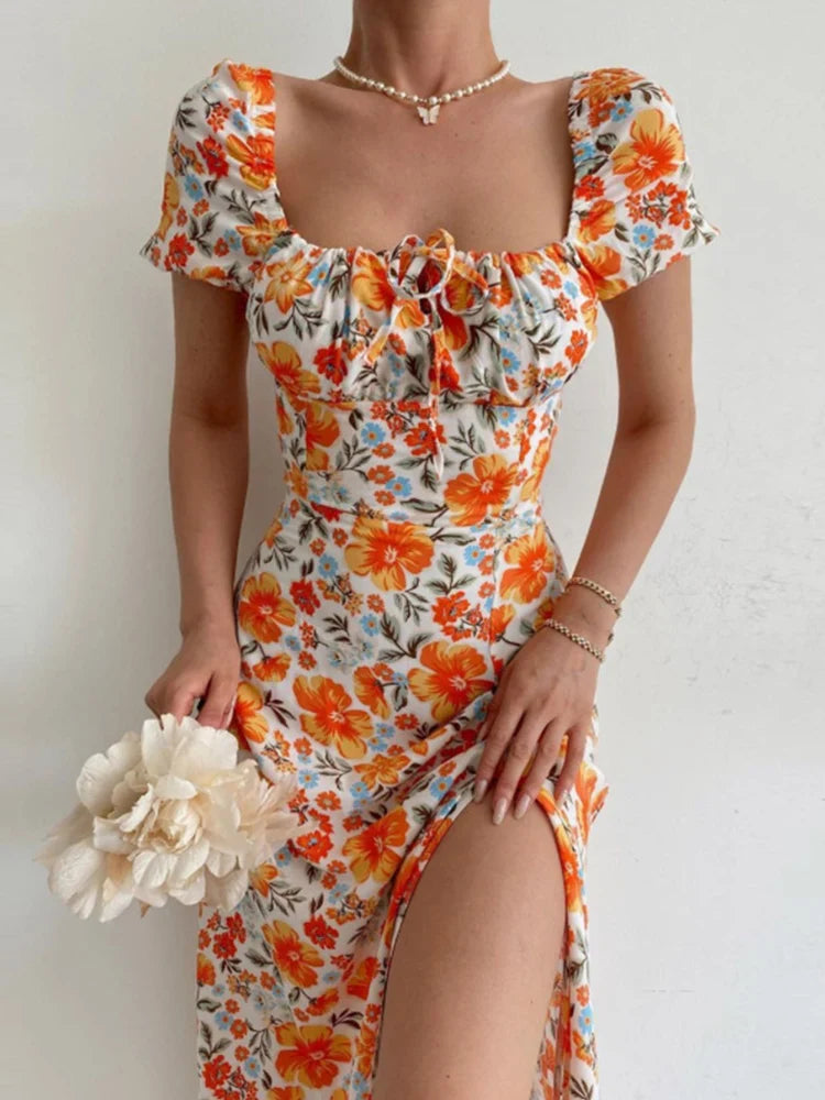 jinran Sexy Floral Print Short Sleeve Hip Wrap Party Dress Elegant Off Shoulder Backless Dress New Summer Waist Slit Boho Long Dresses