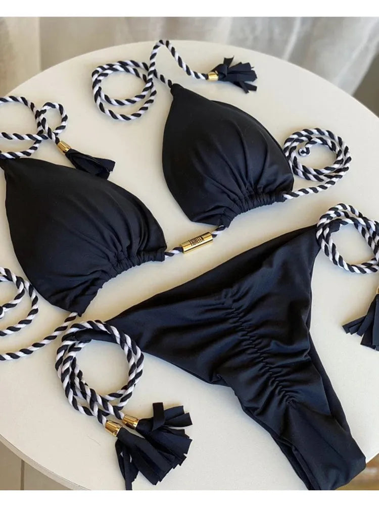 jinran Swimwear Thong Bikini Set 2024 New Blue Swimsuits Woman Sexy Bathing Suits Bikinis Triangle Bandage Female Beachwear Bikini