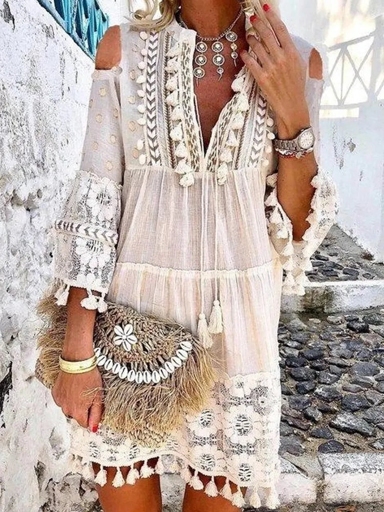jinran New Spring Embroidery Crochet Lace Boho Dress Women Elegant Off Shoulder Tassel Ruffle Mini Dress Summer V Neck Lady Beach Dress