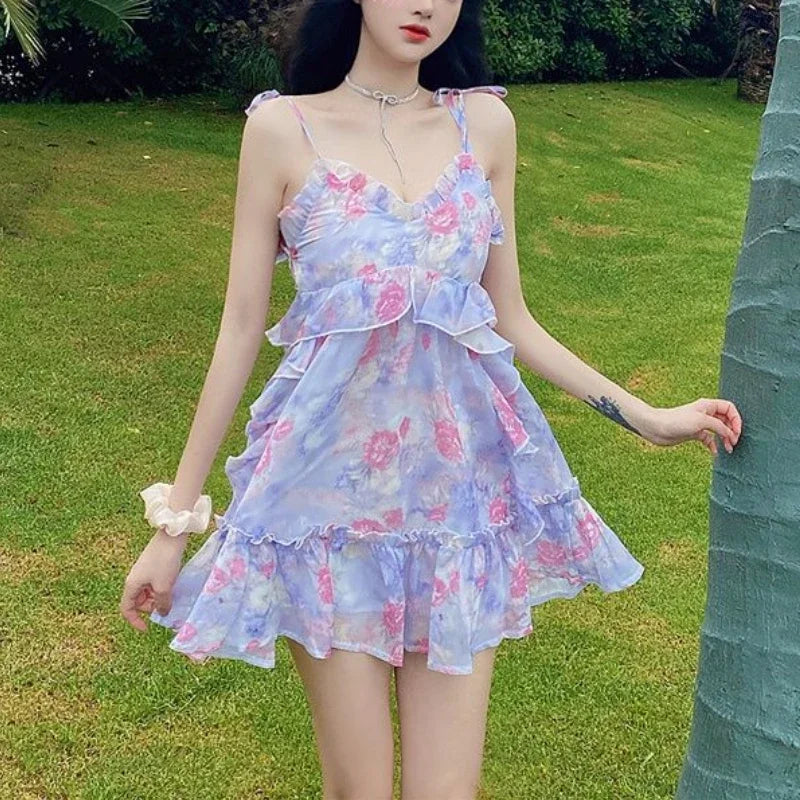 jinran Spaghetti Strap Dress Women Ruffles Sexy Japanese Sweet Princess Dress Female Beach Holiday Floral Mini Boho Dress 2024 Summer