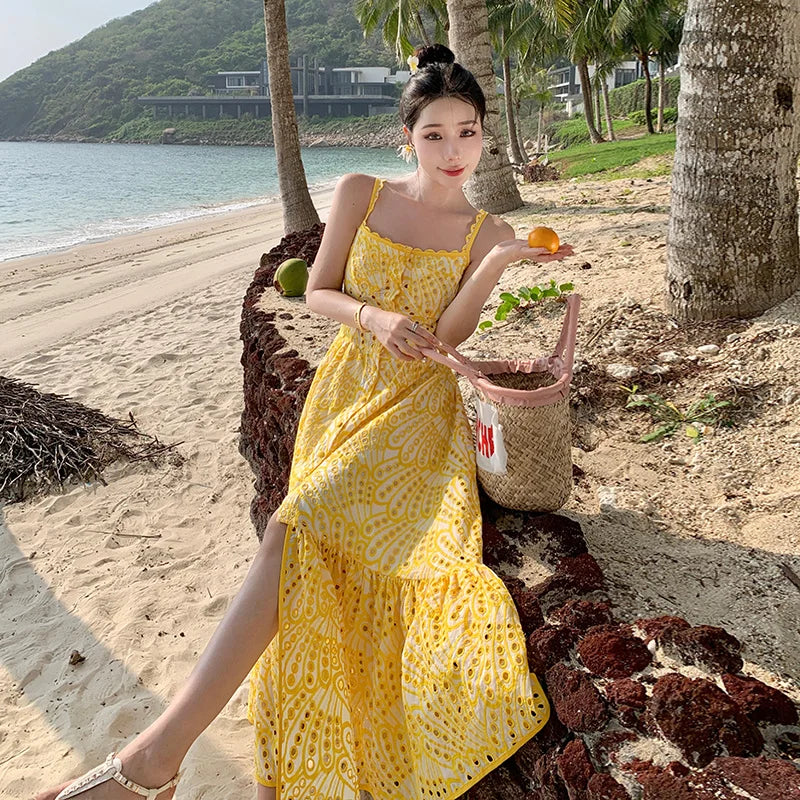 jinran Fashion Women Summer Embroidery Cotton Midi Long Dress Beach Straps Sundress Hollow Out Sexy Backless Prom Evening Robe