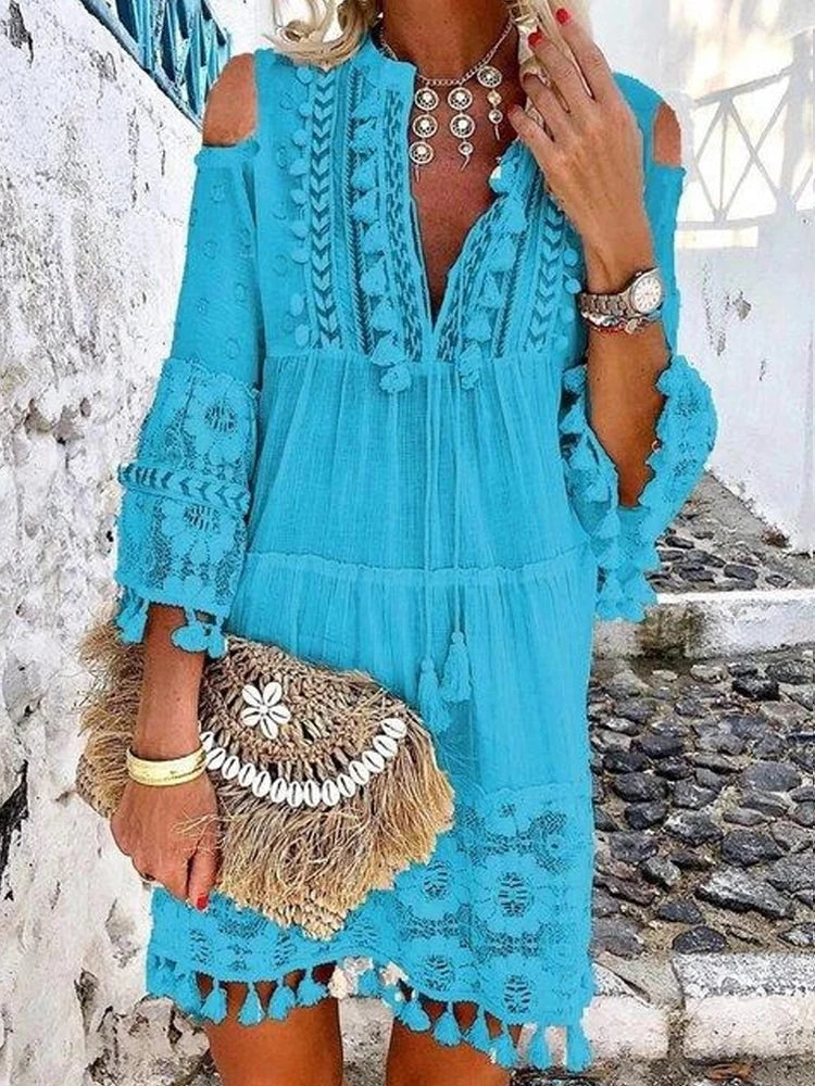 jinran New Spring Embroidery Crochet Lace Boho Dress Women Elegant Off Shoulder Tassel Ruffle Mini Dress Summer V Neck Lady Beach Dress