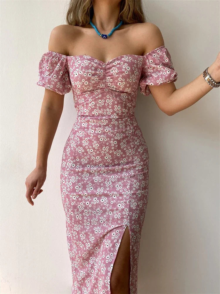 jinran Sexy Floral Print Short Sleeve Hip Wrap Party Dress Elegant Off Shoulder Backless Dress New Summer Waist Slit Boho Long Dresses