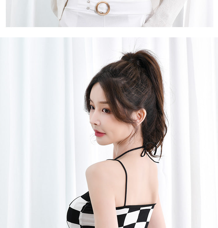 jinran Retro Checkerboard Crop Top Women Y2K Gyaru Sexy Halter Top Summer Fashion Fixed Cup Camisole Smooth Breathable Tank Top
