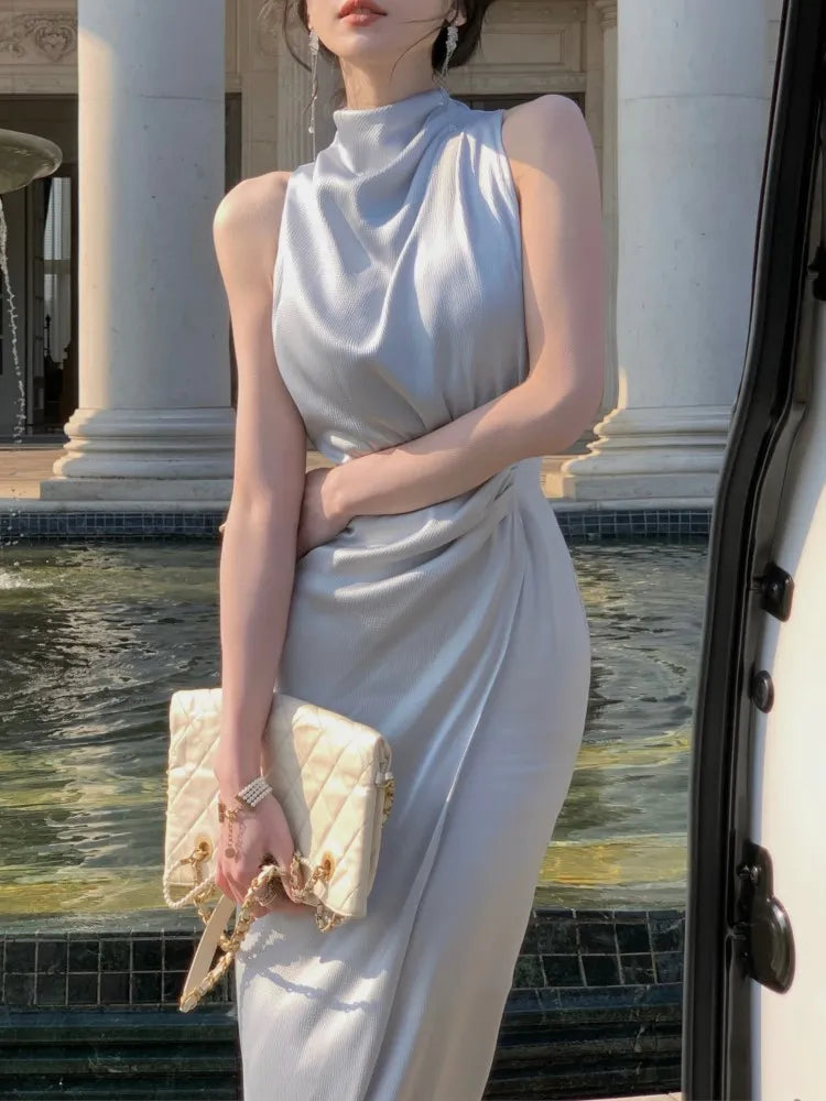 jinran Women Summer Halter Satin Midi Party Dress Sleeveless Bodycon Slim Casual Solid Birthday Vestidos Female One Pieces Fashion Robe