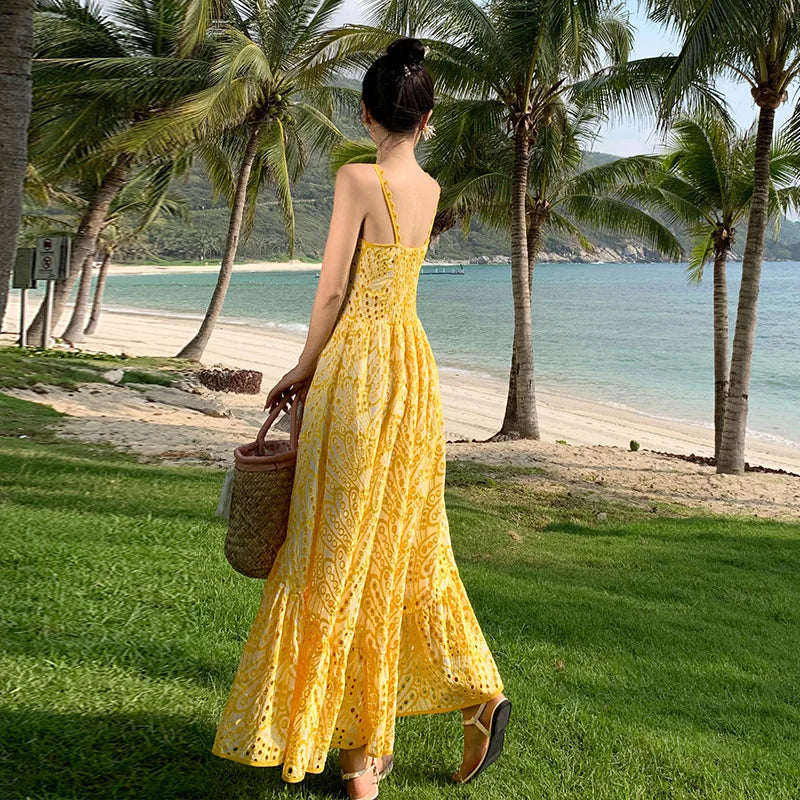 jinran Fashion Women Summer Embroidery Cotton Midi Long Dress Beach Straps Sundress Hollow Out Sexy Backless Prom Evening Robe