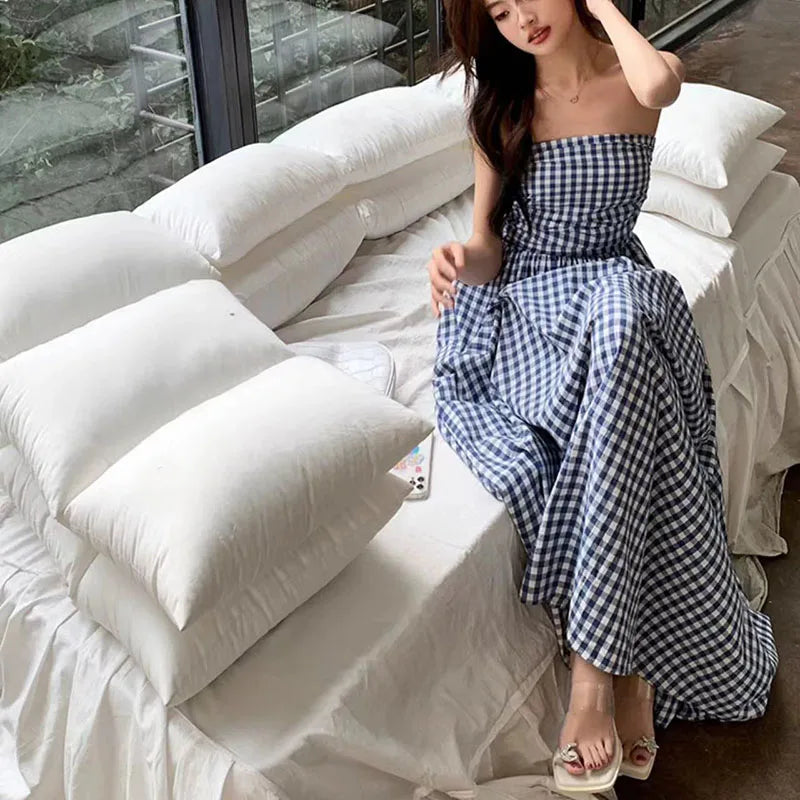 jinran Vintage Plaid Dress Women Summer Korean Elegant Tube Top All-Match Midi Dress Y2K Folds Off Shoulder Holiday Beach Vestidos