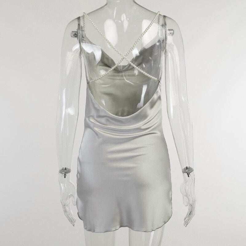 jinran Silk Strap Mini Dresses Backless Solid Color Criss Front Pearl Sexy Summer Sexy Party Sleeveless Dresses Clubwear 2021