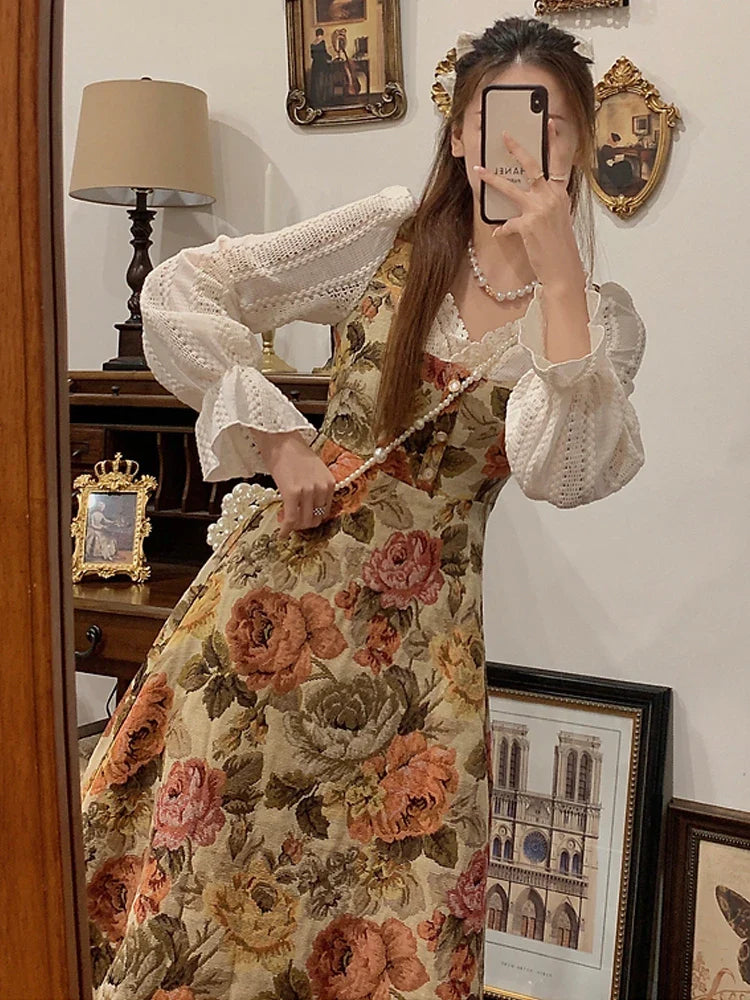 jinran Print Retro Elegant Fairy Dress Women Lace Korean Style Evening Party Midi Dress French Vintage Floral Dress Female 2024Summer