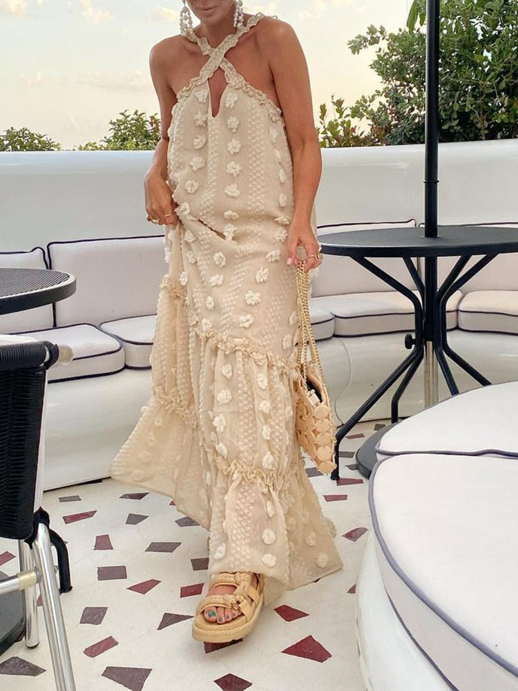jinran Sleeveless Halter Maxi Summer Dress For Women Fashion Ruffle Beach Long Robe Elegant Slip Holiday Hollow Out Sundress