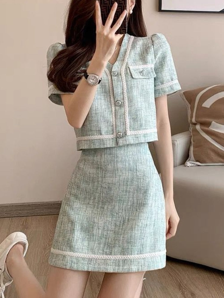 jinran French Vintage Small Fragrance Two Piece Set Women Short Jacket Coat + Mini Skirt Sets Korean Fashion Summer 2 Piece Outfit