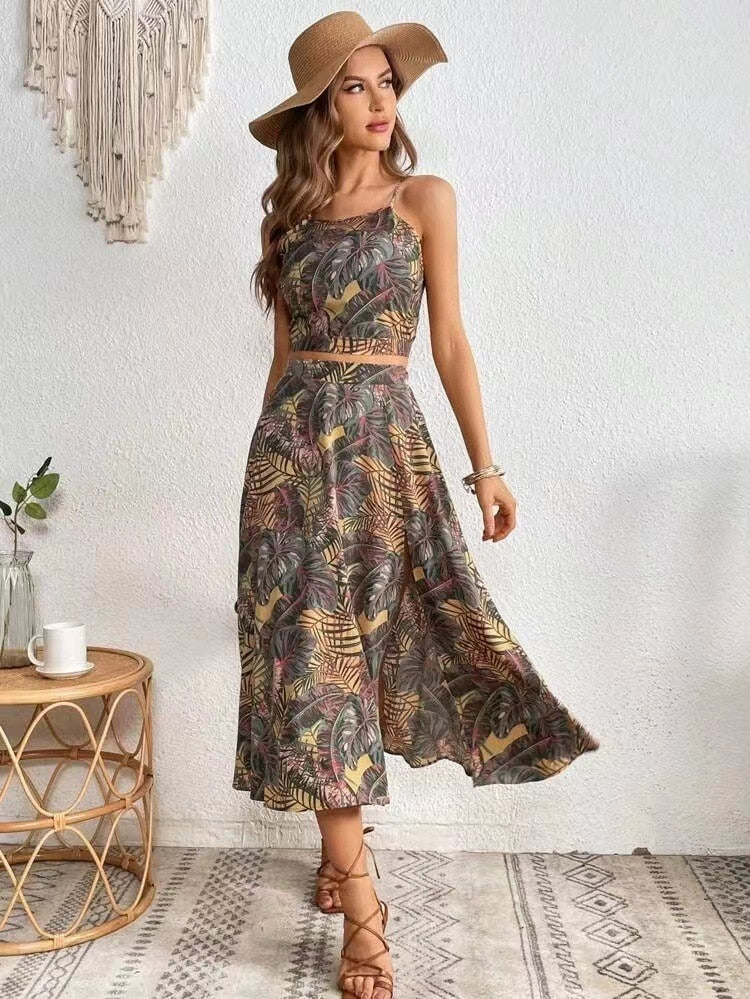 jinran Summer new women's fashion casual halter sleeveless vest print waist dress